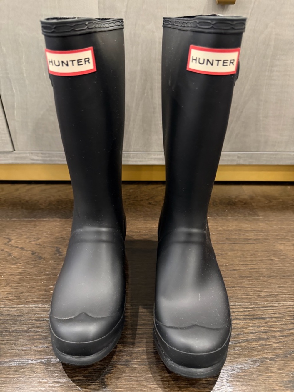 Hunter Black Rubber Knee-High Rain Boots with Red Logo